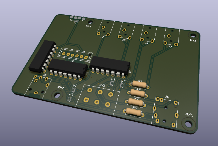 simulated printed circuit board that will have the audio jacks and headphone volume control